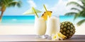 Summer coconut milk cocktail with pineapple on a table in a cafe on the beach. Pina colada Royalty Free Stock Photo