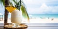 Summer coconut milk cocktail with pineapple on a table in a cafe on the beach. Pina colada Royalty Free Stock Photo