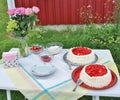 Summer coffe party with strawberry cake