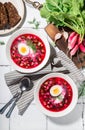 Summer cold beetroot soup with sour cream and egg Royalty Free Stock Photo
