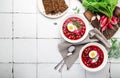 Summer cold beetroot soup with sour cream and egg Royalty Free Stock Photo