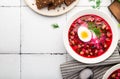 Summer cold beetroot soup with sour cream and egg Royalty Free Stock Photo