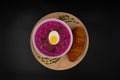 Summer cold beetrot soup (choldnik) with boiled egg with a croissant. Top view Royalty Free Stock Photo