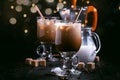 Summer cold coffee with ice and milk, brown kitchen table, close up selective focus