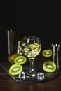 Summer cold drink and beverages. Alcohol coctail with kiwi and ice in wine glass on black background Royalty Free Stock Photo