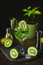 Summer cold drink and beverages. Alcohol coctail with kiwi and ice in wine glass on black background Royalty Free Stock Photo