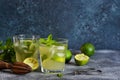 Summer cold drink - mahito with lime and mint on a concrete dark background Royalty Free Stock Photo