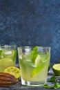 Summer cold drink - mahito with lime and mint on a concrete dark background Royalty Free Stock Photo