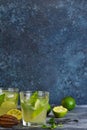 Summer cold drink - mahito with lime and mint on a concrete dark background Royalty Free Stock Photo