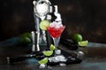 Summer cold drink with watermelon, mint and lime on black background. Copy space Royalty Free Stock Photo