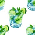 Summer cold non-alcoholic drink or cuban alcoholic mojito cocktail vector seamless pattern Royalty Free Stock Photo