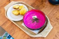 Summer cold soup with potatoes.National food of Lithuanians.Traditional cold beet soup with vegetables Royalty Free Stock Photo