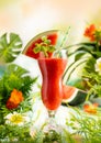 Summer cold watermelon and strawberry drink. Delicious berries cocktail on green table surrounded by tropical leaves and flowers Royalty Free Stock Photo