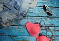 Summer collage - jeans shorts, bikini bra and sunglasses Royalty Free Stock Photo