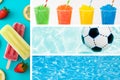 Summer collage with popsicles, slushies, swimming pool and ball Royalty Free Stock Photo