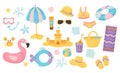 Summer collection. Sand castle, sun umbrella, life buoy, flamingos, ball, beach items and shells, mask with snorkel Royalty Free Stock Photo