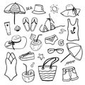 Summer collection of vector doodle icons.Summer clothes and accessories. Black and white linear flat illustrations.