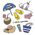 Summer collection of vector icons. Handmade beach umbrella, Bikini, Sunscreen, Hat, Coconut Cocktail, Flip flops, Beach Bag