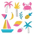 Summer collection. Vector illustration of colorful funny doodles of summer symbols Royalty Free Stock Photo