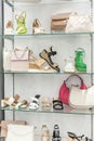 Summer collection of women\'s shoes and accessories on display in the store. Style, elegance and fashion. Vertical Royalty Free Stock Photo