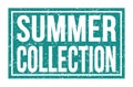 SUMMER COLLECTION, words on blue rectangle stamp sign