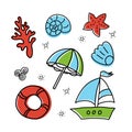 Summer color doodles icon set. Marine icons Royalty Free Stock Photo