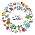 Summer color doodles icon set in round. Hello Summer. Royalty Free Stock Photo