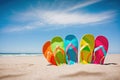 In summer colored flip flop sandals are fun, design for banners with copy space and negative space. Ai generated