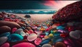 In summer, colored stones pebble by the sea, on the beach in a wide angle