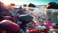 In summer, colored stones pebble by the sea, on the beach in a wide angle