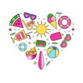 Summer Colorful Design with Bright Beach Objects Heart Shaped Vector Composition