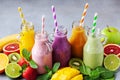 Summer colorful fruit smoothies in jars with ingredients. Healthy, detox and diet food concept Royalty Free Stock Photo