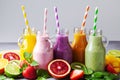 Summer colorful fruit smoothies in jars with ingredients. Healthy, detox and diet food concept Royalty Free Stock Photo