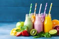 Summer colorful fruit smoothies in jars with ingredients. Healthy, detox and diet food concept Royalty Free Stock Photo