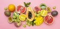 Summer colorful fruits baner on pink background with fresh various exotic fruits. Copy space. Food mockup