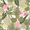Summer colorful hawaiian seamless pattern with tropical plants and hibiscus flowers