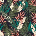 Summer colorful hawaiian seamless pattern with tropical plants. Colorful stylish floral.Trendy summer Hawaii print.