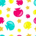 Summer colorful pattern. Summer background with seashells, starfish and white background. Cute vector vacation and sea background