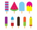 Summer colorful popsicles ice cream stick with milk, chocolate, mint and frozen fruit juice flavour flat vector design icon symbol Royalty Free Stock Photo