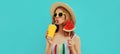 Summer colorful portrait beautiful young woman drinking juice with lollipop or ice cream shaped slice of watermelon wearing a Royalty Free Stock Photo