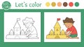 Summer coloring page for children. Cute funny kid building sandcastle. Vector beach holidays outline illustration. Sea vacation Royalty Free Stock Photo