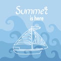 Summer is coming - handdrawn lettering. Pleasure boat, waves