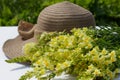 Summer composition. A bouquet of wild flowers snapdragon and women`s sunhat.