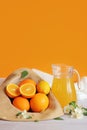 Summer composition with citrus fruits and juice in a carafe Royalty Free Stock Photo