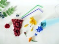 Summer composition installation - a glass of fresh raspberries, cocktail tubes, fresh flowers Royalty Free Stock Photo