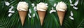 Summer composition minimal flat background. Three fresh coconut ice creams minimal background Royalty Free Stock Photo