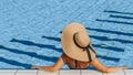 Summer concept background. Happy young sexy girl in bikini swimsuit, sunglasses and straw hat in blue pool water. Resort spa in Royalty Free Stock Photo