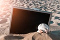 Summer concept background. Starfish, seashells, toy plane and globe near blackboard on ocean nature beach. Copy space Royalty Free Stock Photo