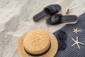 Summer concept. beach stuff on sand Royalty Free Stock Photo