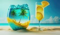 Summer concept with exotic drinks, palms and accessories. Sandy sea, ocean beach and two glasses with creative cocktails under Royalty Free Stock Photo